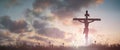 Silhouette Jesus christÃÂ deathÃÂ on cross crucifixion on calvary hill in sunset good friday risen in easter day concept for Royalty Free Stock Photo